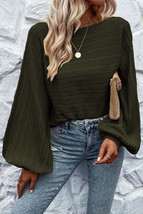 Jungle Green Lantern Sleeve Eyelets Textured Knit Sweater - £23.55 GBP