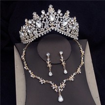 Baroque Green Crown Bridal Jewelry Sets for Women Fashion Tiara Bride Necklace E - £33.91 GBP