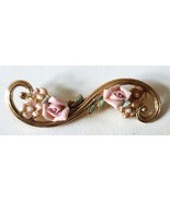 1928 Brand  Pin Brooch Pink Porcelain Roses Enamel Leaves Faux Seed Pearls - $31.46 CAD
