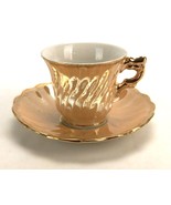 Porcelain Demitasse Cup and Saucer,  Peach Gloss Swirl, Gold Paint Trim,... - $14.65