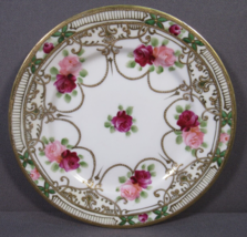 ANTIQUE Nippon &quot;M&quot;6.25&quot; Plate Hand Painted Porcelain Pink Red Roses Gold Moriage - £19.59 GBP