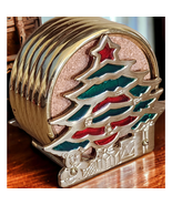 Vintage Christmas Tree Coasters Set of 6 Cork / Metal Trim See Pictures ... - $11.69