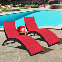 2PCS Folding Patio Rattan Lounge Chair Chaise Cushioned Portable Lawn Yard Red - £246.19 GBP