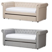 Chesterfield Twin Trundle Beige or Gray Fabric Daybed Silver Nail Head Trim - $659.96+