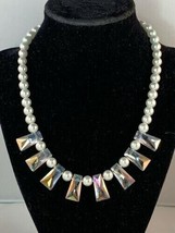 White Faux Pearl Necklace With Clear Iridescent Crystals (NA57) - £11.90 GBP