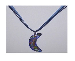 Necklace Blue Gold White Crescent Moon Glass Bead Blue Ribbon Cord - $15.00