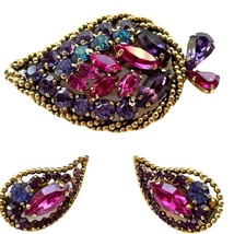 Vintage WEISS Brooch Pin Earring Set Rhinestone SIGNED Pink Purple Blue Gold - £157.48 GBP