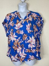 Signature Studio Womens Plus Size 1X Blue Floral V-neck Blouse Roll Tab Sleeve - £9.64 GBP