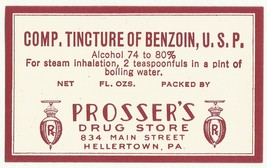 Antique Pharmacy Label COMP. TINCTURE OF BENZOIN Prosser&#39;s Drug Store He... - $28.11