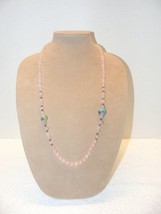 Rose Quartz With 2 CLOISONNE-STYLE Bead HAND-KNOTTED 32&quot; Necklace Guc - £23.69 GBP