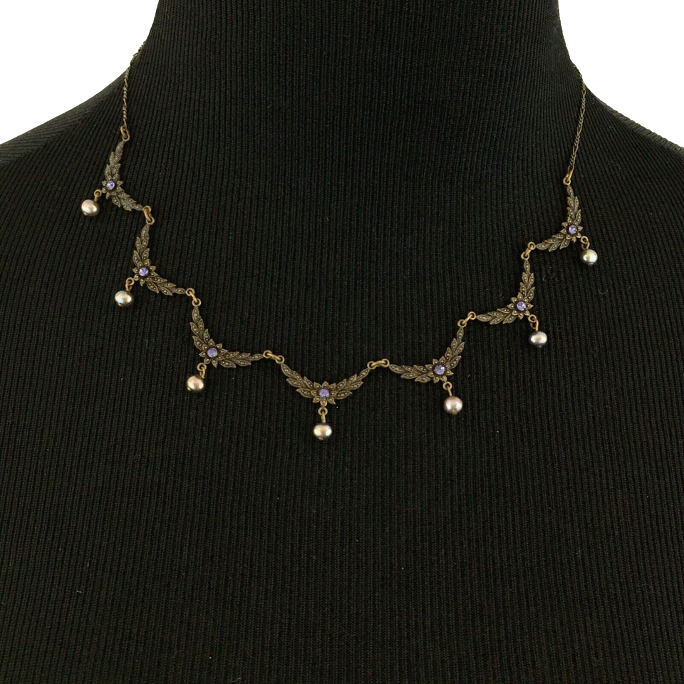 Primary image for LIZ PALACIOS crystal & pearl drop necklace - vintage Art Deco style delicate 17"