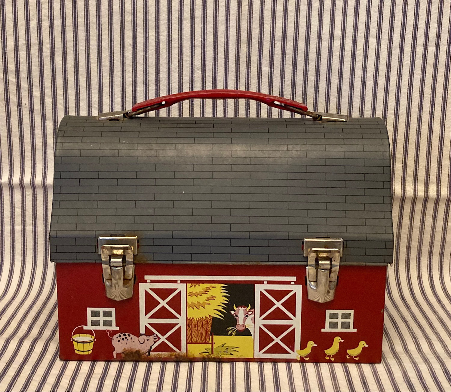 Vintage American Thermos Products Co metal dome lunchbox red barn open d... - $45.00