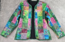 Womens Jacket Medium Multicolor Quilted Patchwork Hippie Vintage Open Front - £32.61 GBP