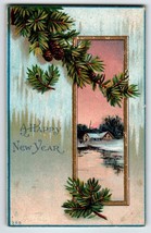 New Year Postcard Country Church Pine Trees Embossed 1913 Series 389 Vintage - £6.93 GBP