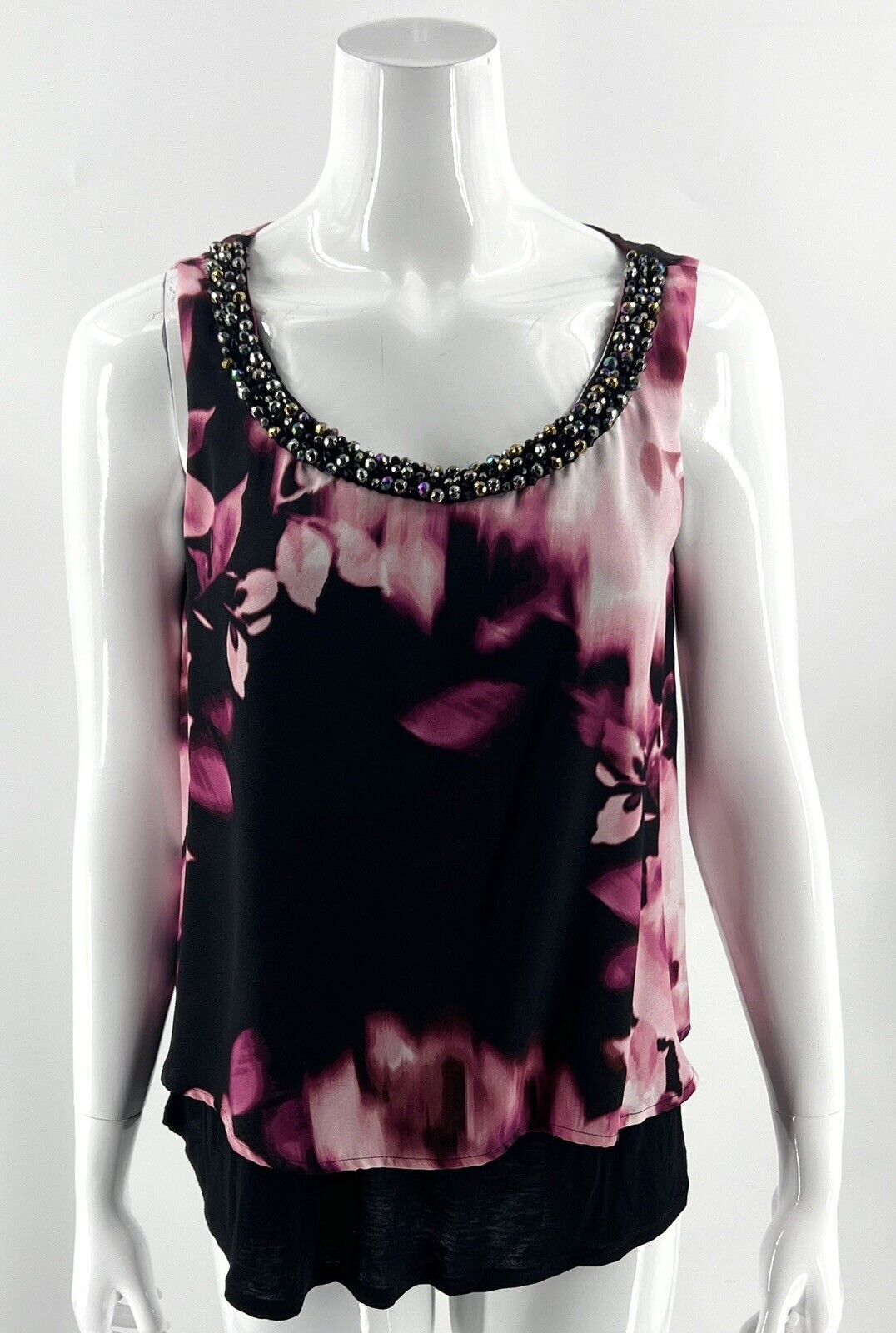 Jennifer Lopez Sleeveless Top Sz M Black Pink Floral Layered Beaded Neck... - $14.85