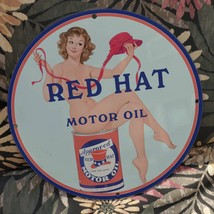 Vintage Red Hat &#39;&#39;Tops For Quality&#39;&#39; Motor Oil Porcelain Gas &amp; Oil Pump Sign - £97.63 GBP