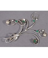 Sterling Silver Pin Brooch Vintage Open Design Green Stones 3.5&quot; Unmarked - $17.77