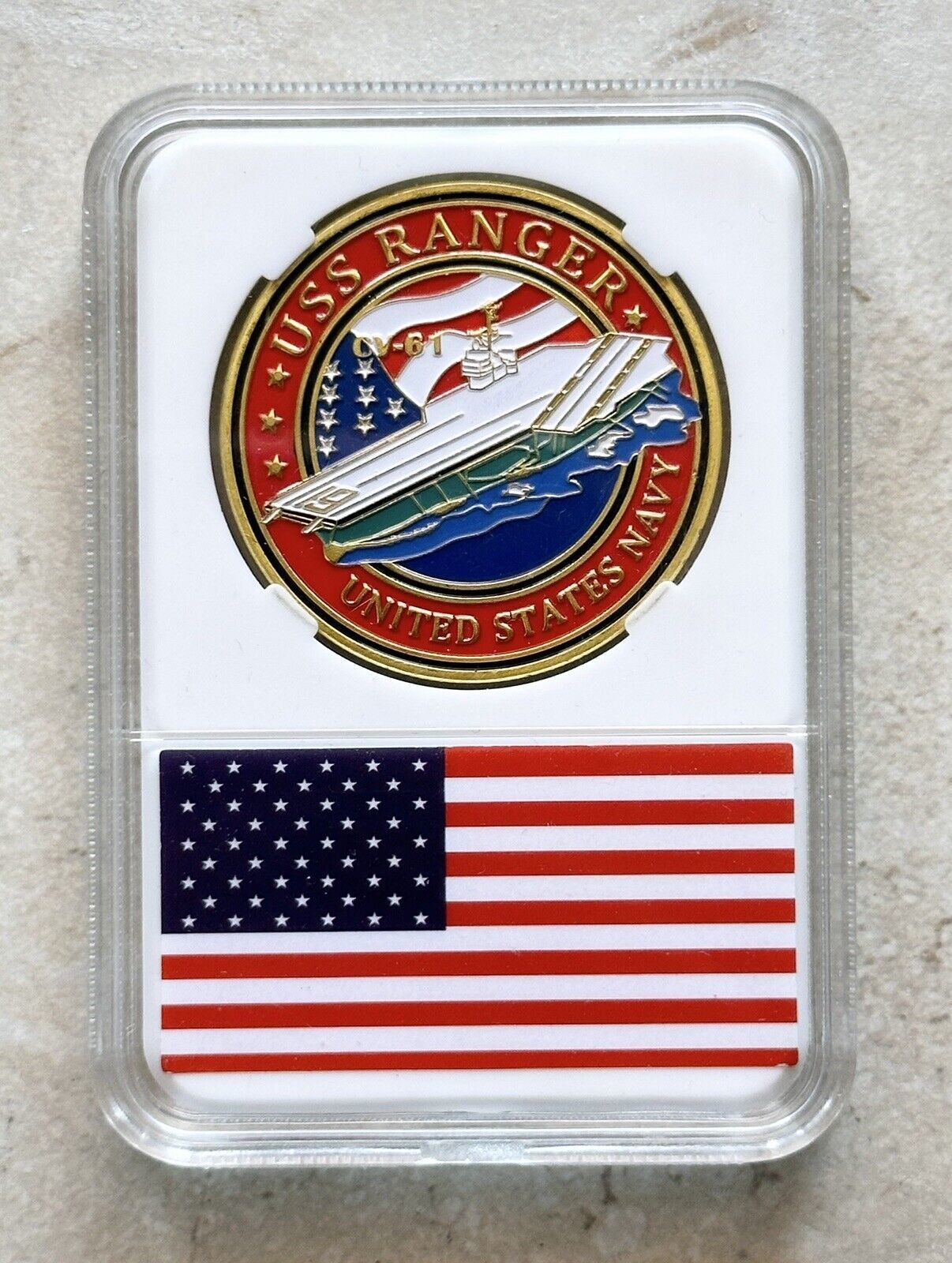 Primary image for US NAVY - USS RANGER CV-61 Challenge Coin With American Flag Case