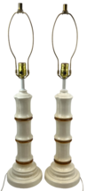 70s Pair of White Ceramic Faux Bamboo 29&quot; Table Lamps Motif Tiki Column ... - £234.64 GBP