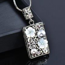 SINLEERY Retro White Flower Grey Simulated  Square Long Necklace Pendant Women J - £12.73 GBP