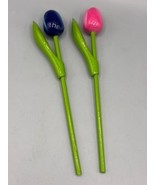 Wooden Tulip Flowers Blue &amp; Pink With Green Stems Decor - $8.69