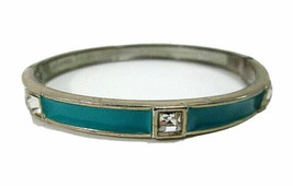 Signed Sequin Turquoise Blue/Teal Enamel &amp; Rhinestone Hinged Bangle Bracelet - £11.58 GBP