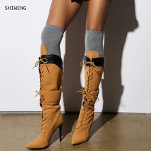 Elegant Brown LaceUp Pointed Toe KneeHigh Boots - $154.00