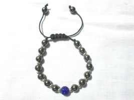 Gray Black Hematite Beads And Blue Crystal Disco Ball Adjustable Cord Bracelet - £3.65 GBP