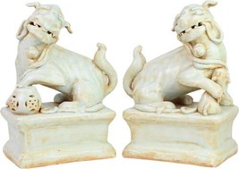 Statues Peking Lion Floral Celadon Green Pair Handmade Hand-Crafted - £251.02 GBP