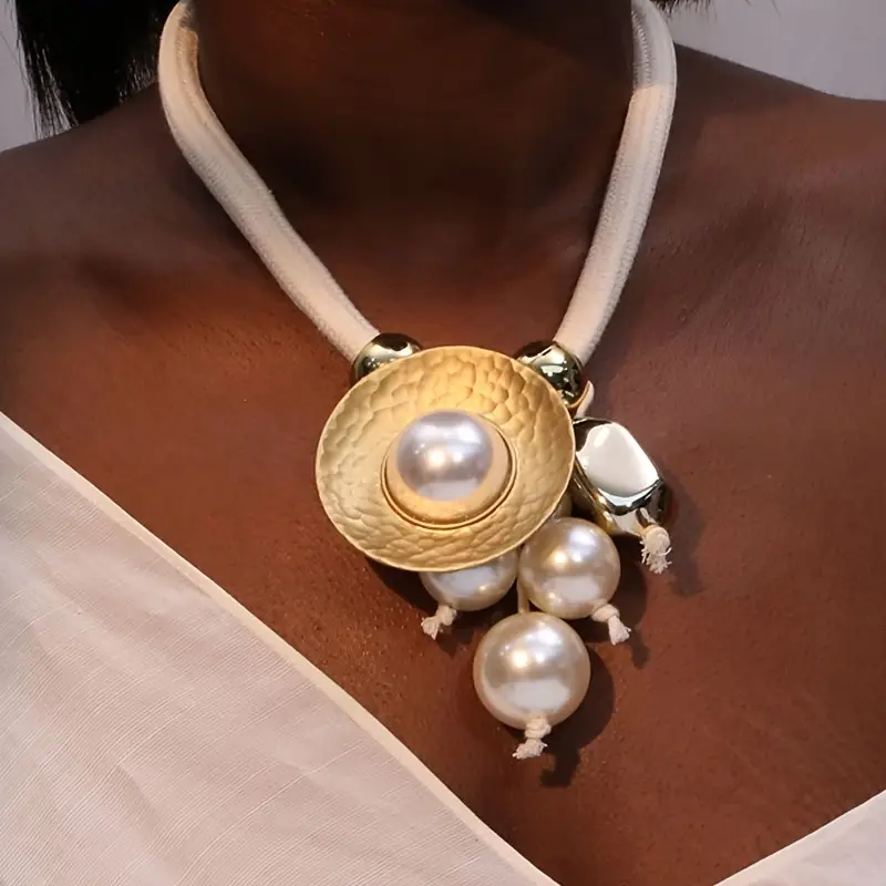Boho Chic Synthetic Fiber Rope Necklace with Round Alloy Faux Pearl Pendants, El - $22.29