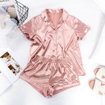 Women Sleepwear Summer Pajama Set Pink Turn Down Collar Faux Silk Satin  - $12.99