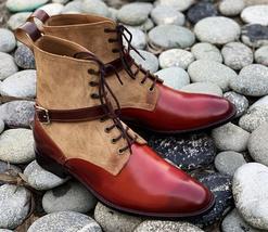 Beautiful Handmade Men&#39;s Burgundy Leather beige Suede Ankle High Boots - £119.42 GBP