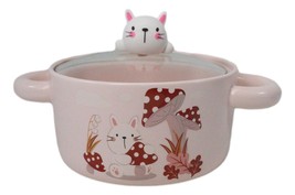 Ceramic Pink Rabbit In Mushroom Forest 30oz Noodle Dessert Bowl W/ Glass Lid - $19.99