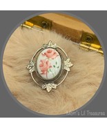 Silver Tone Oval Brooch Pink Rose Flower Design White Cabochon Accent Pin - £5.41 GBP
