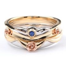 14k Gold Beauty and The Beast Wedding Band Set Enchanted Rose Engagement Ring - £86.50 GBP