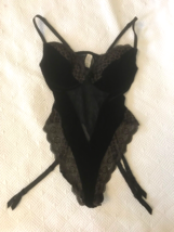 Victoria&#39;s Secret Vtg 90s black Velvet Lace Thong Teddy Bodysuit  Garters 36C - £24.50 GBP