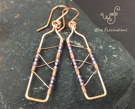 Handmade copper earrings: rectangles diagonal wire wrapped with glass beads - $27.00