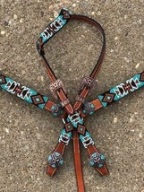 Western Saddle Horse Teal Beaded Leather Tack Set Headstall + Breast Collar - £86.65 GBP