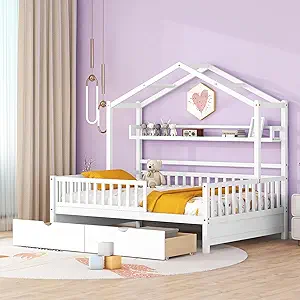Wooden Full Size House Bed With 2 Drawers,Kids Full Playhouse Platform B... - $787.99