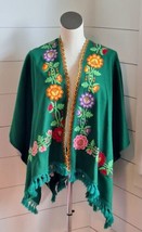 Vintage Green w/colorful Flowers Embroidered Fringed Open Front Shawl Bo... - $44.54