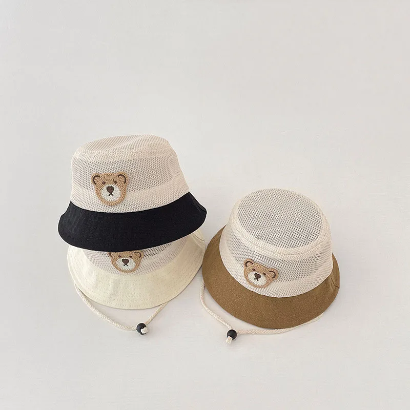 summer Baby Caps Thin Color Mesh Kids Cap Cartoon Bear Infant Toddler Basin Hats - £12.47 GBP