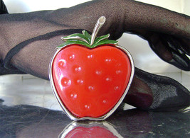 Vintage Red Lucite Strawberry Brooch Green Enamel Leaf 1950’s Fruit Pin - £16.02 GBP