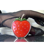 Vintage Red Lucite Strawberry Brooch Green Enamel Leaf 1950’s Fruit Pin - $20.00