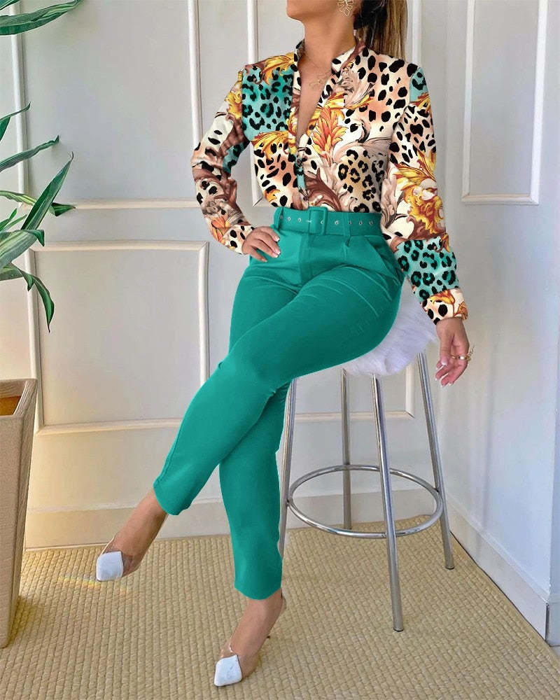 Autumn Fashion Print Stand-Up Collar Long-Sleeved Shirt Top with Belt So... - $35.95