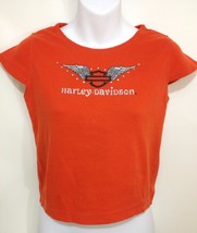 Harley Davidson M 10-12 Orange Cap Sleeve Crop Top T-Shirt Crystal Studs - £16.70 GBP