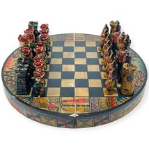 Vintage Chess Set Hand Painted Red Pottery Pieces &amp; Round Wooden Board A... - £35.25 GBP