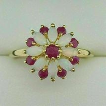 2Ct Marquise Cut Simulated Opal &amp;Ruby Flower Wedding Ring925 Silver Gold Plated  - £87.04 GBP