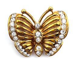 Vintage Signed Krementz Gold Tone Crystal Butterfly Brooch Pin - $25.74