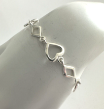 Genuine 925 Sterling Silver Heart and Rhombus Link Chain Bracelet 7.5&quot; - £10.60 GBP