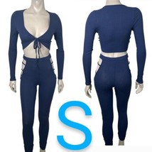 Navy Blue Ribbed Front Tie Crop Top &amp; Cut Out Leggings Two Piece Set~Size S - £29.54 GBP